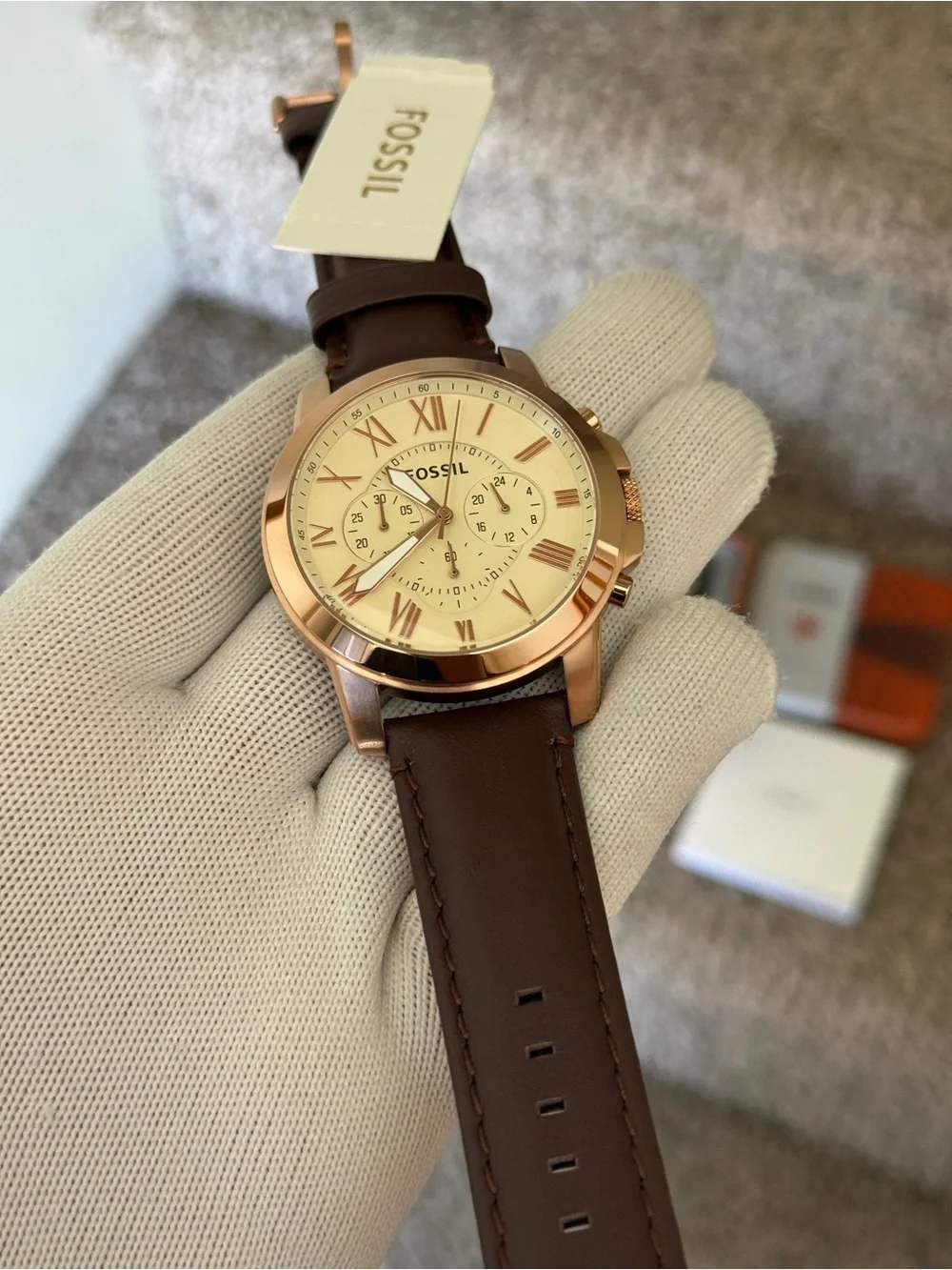 Fossil Rose Gold and Brown Leather Chronograph Watch Mens